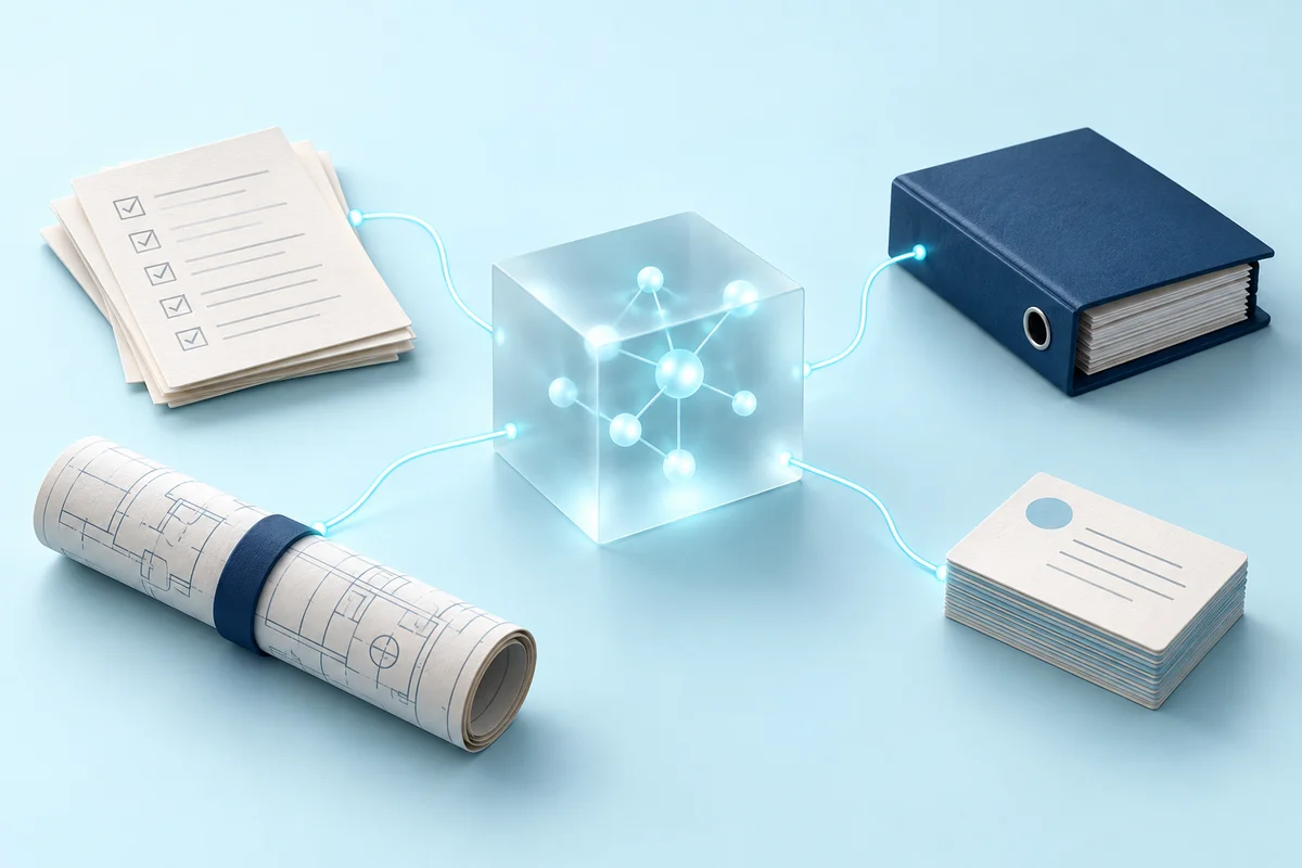 Illustration of business documents and processes feeding into AI.