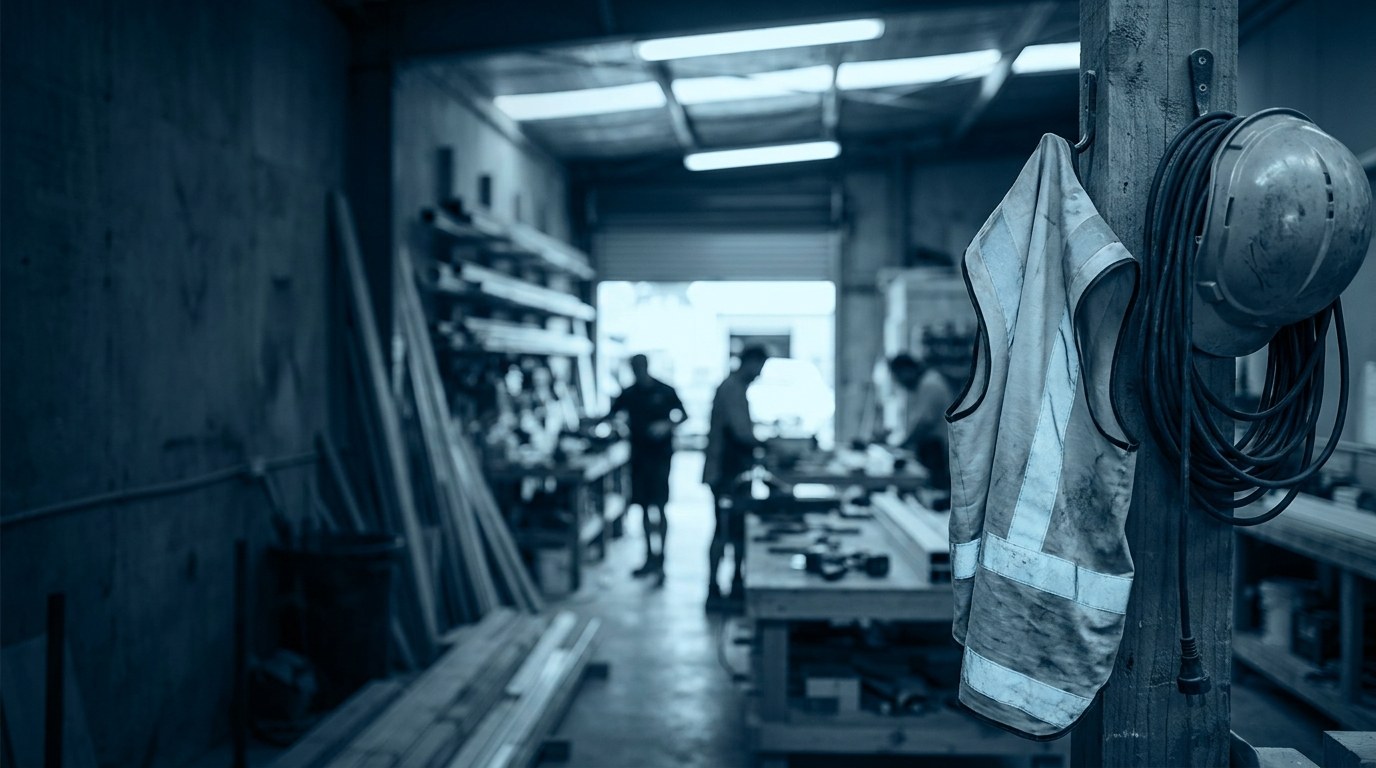 A workshop with the owner's hi-vis vest and hard hat hanging on a hook, the crew still working behind