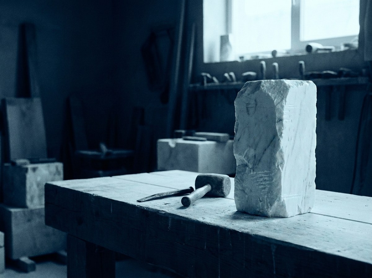 A raw, uncarved block of marble on a workbench, chisel and mallet unused beside it