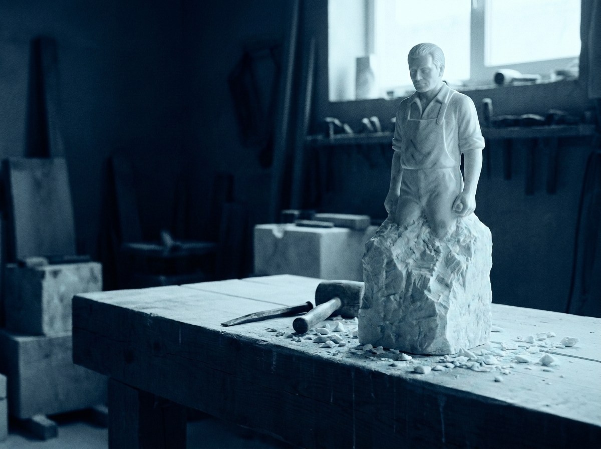 The same block half carved — a figure's head and shoulders finished, the legs still trapped in rough stone