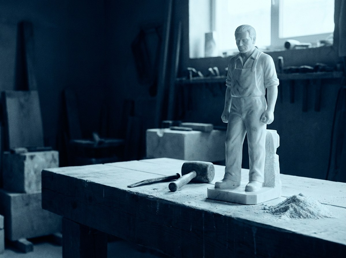 The finished marble figure of a tradesman in overalls, tools set down, dust swept into a pile